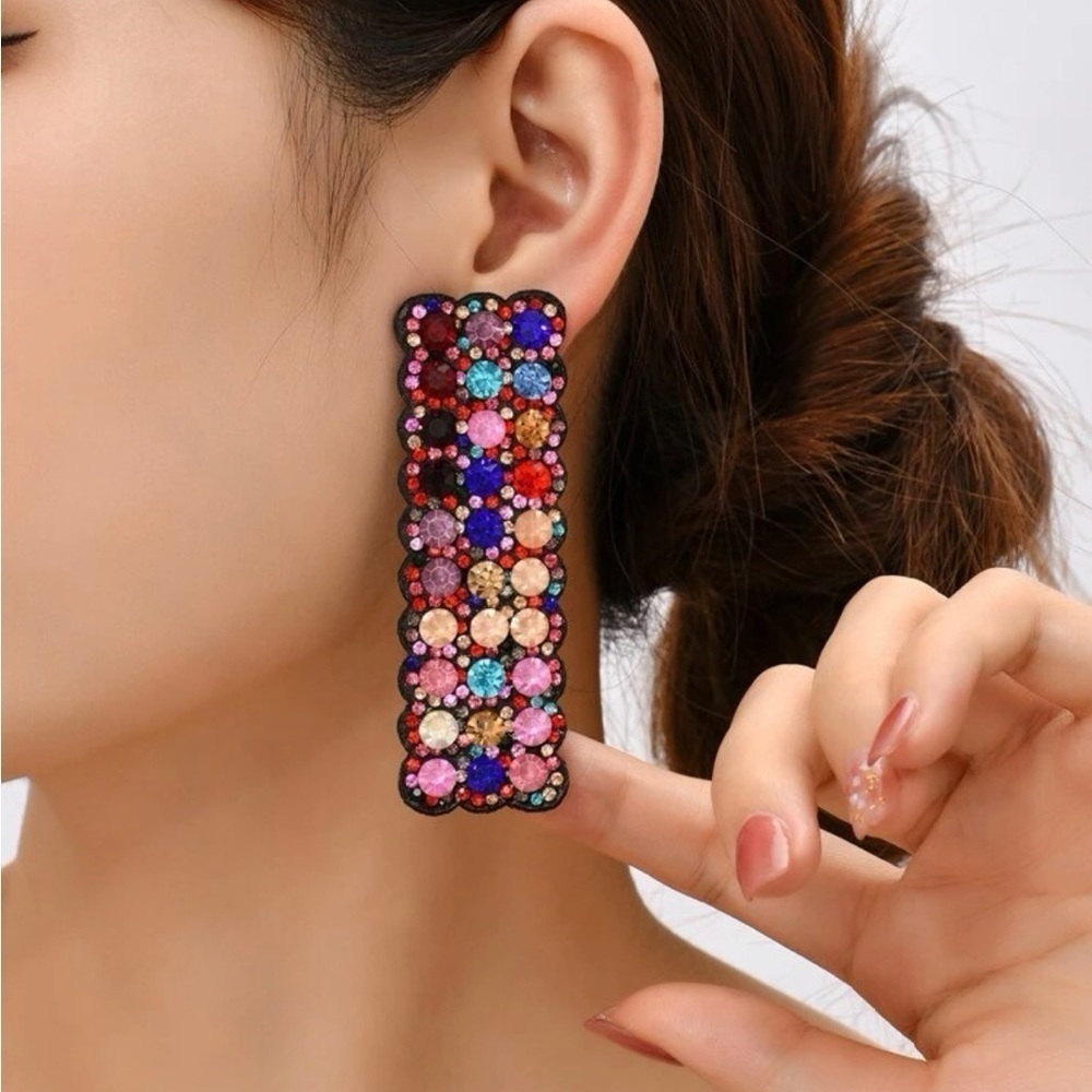 Colorful Crystal Rectangle Statement Earrings